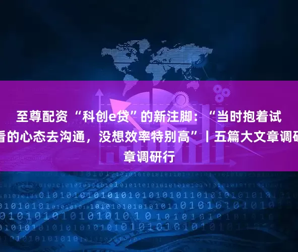 至尊配资 “科创e贷”的新注脚：“当时抱着试试看的心态去沟通，没想效率特别高”丨五篇大文章调研行